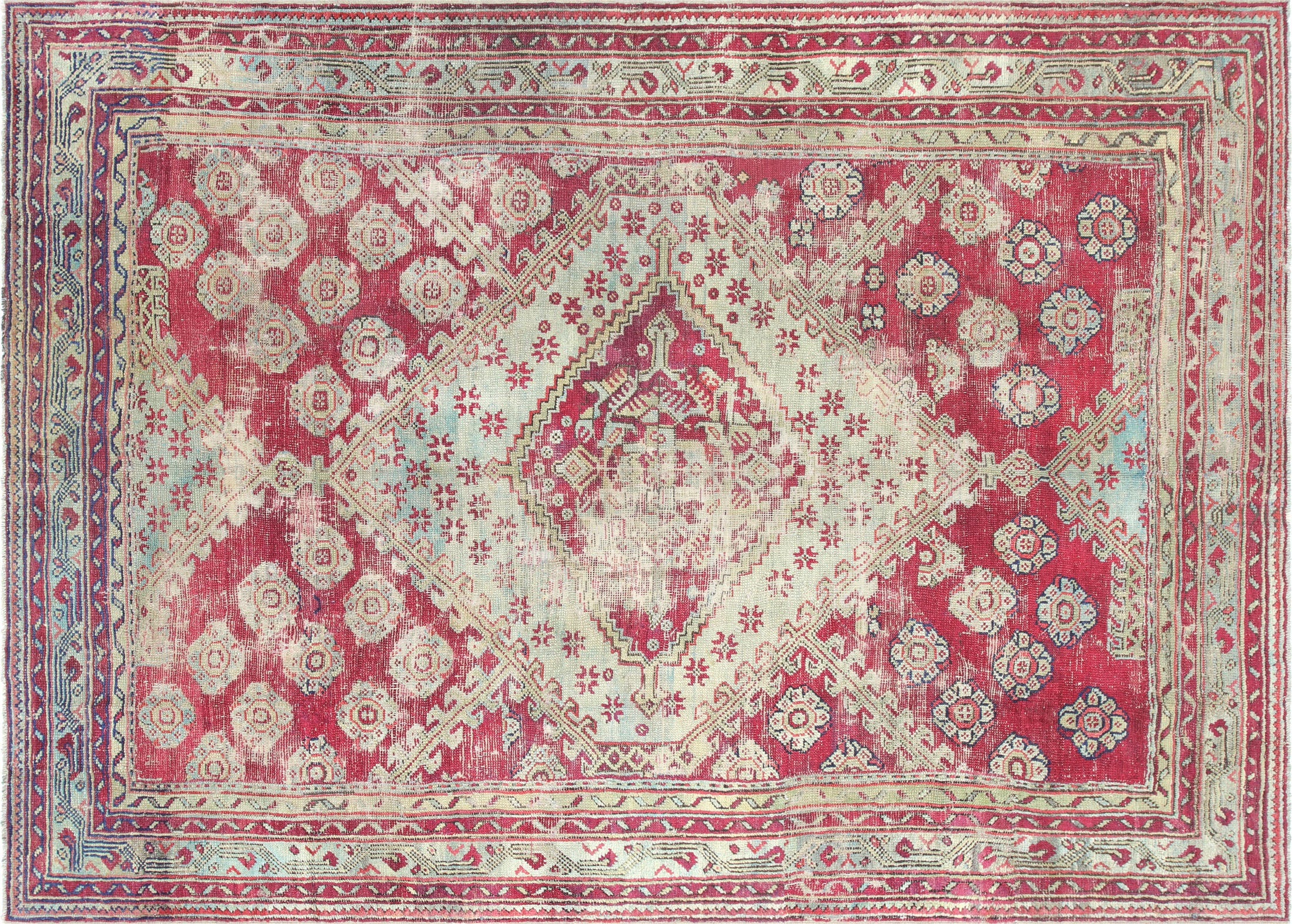 Antique Turkish Oushak Rug in Green,Red tones and an All Over pattern. Measuring 8 feet 8 inches x 11 feet 9 inches – SKU 074217