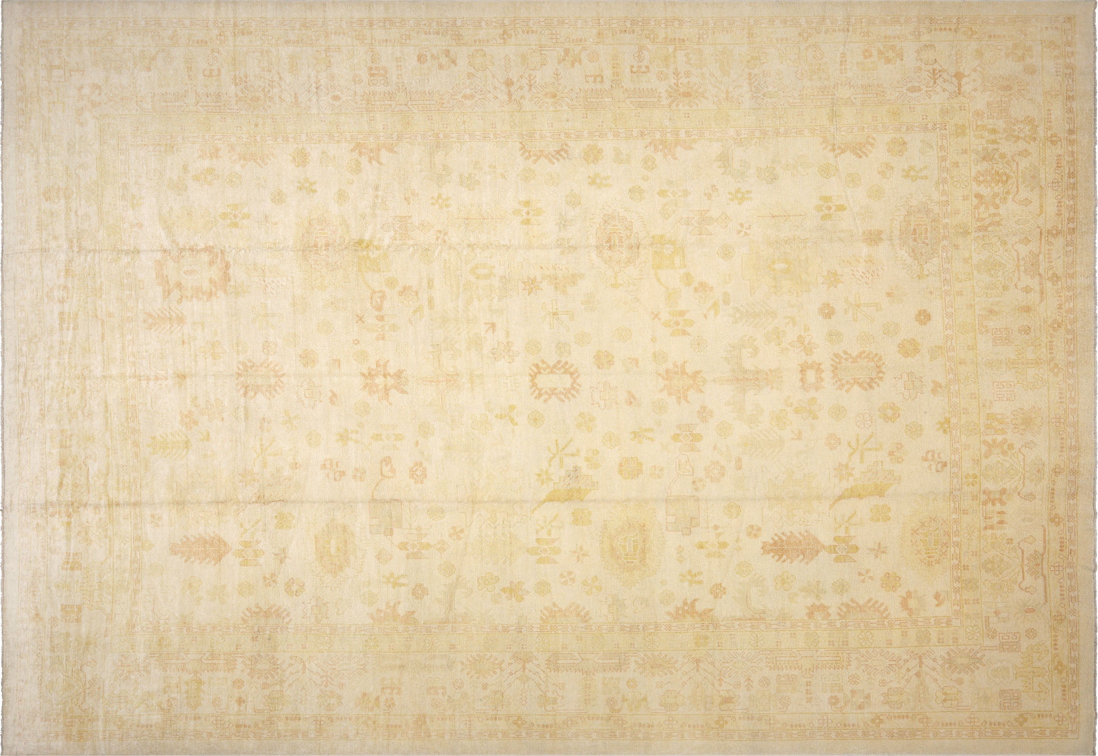 Vintage Turkish Oushak Rug in Ecru tones and an All Over pattern. Measuring 14 feet 3 inches x 20 feet 0 inches – SKU 088426