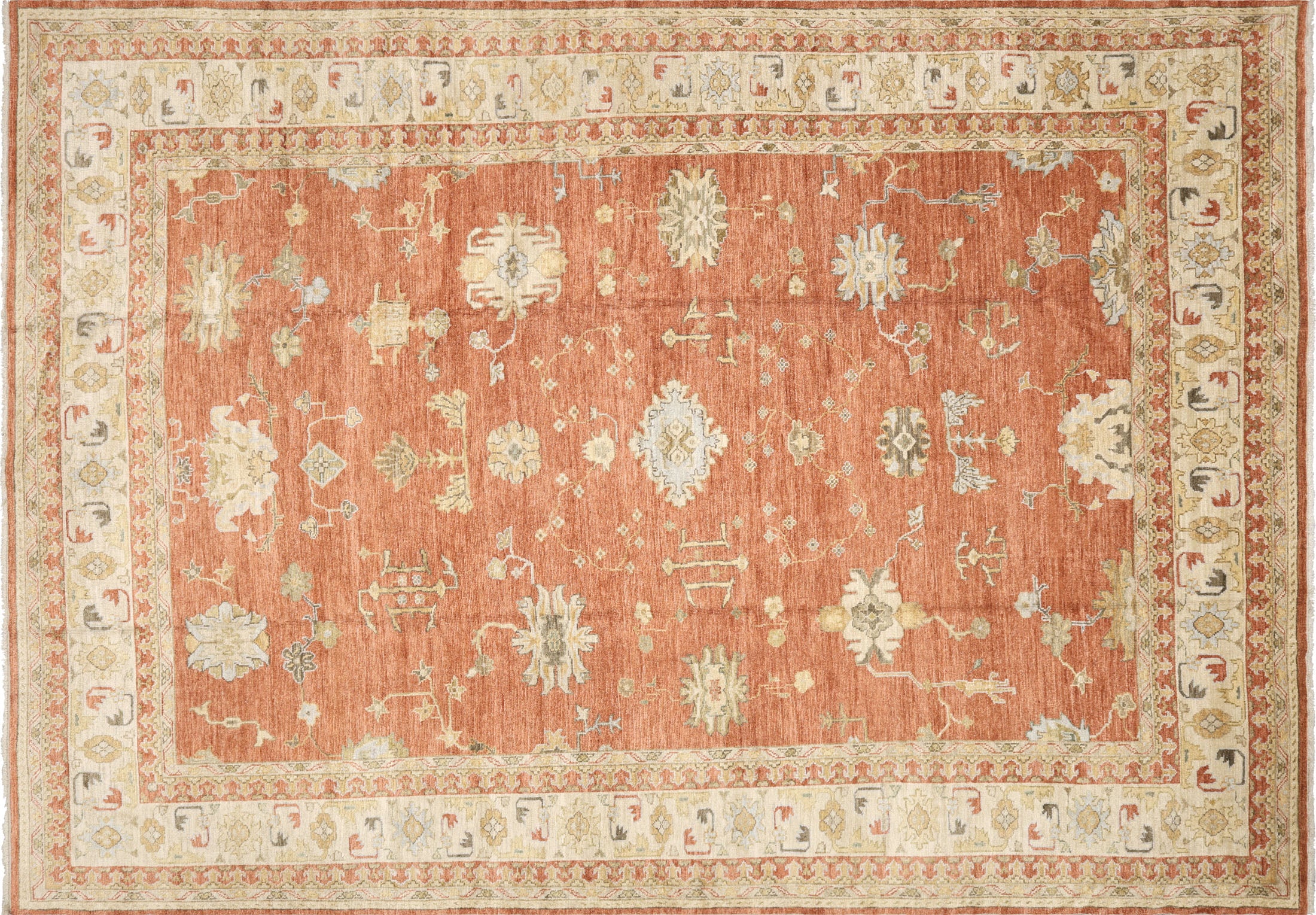 Vintage Turkish Oushak Rug in Red tones and an All Over pattern. Measuring 10 feet 11 inches x 15 feet 9 inches – SKU 091219