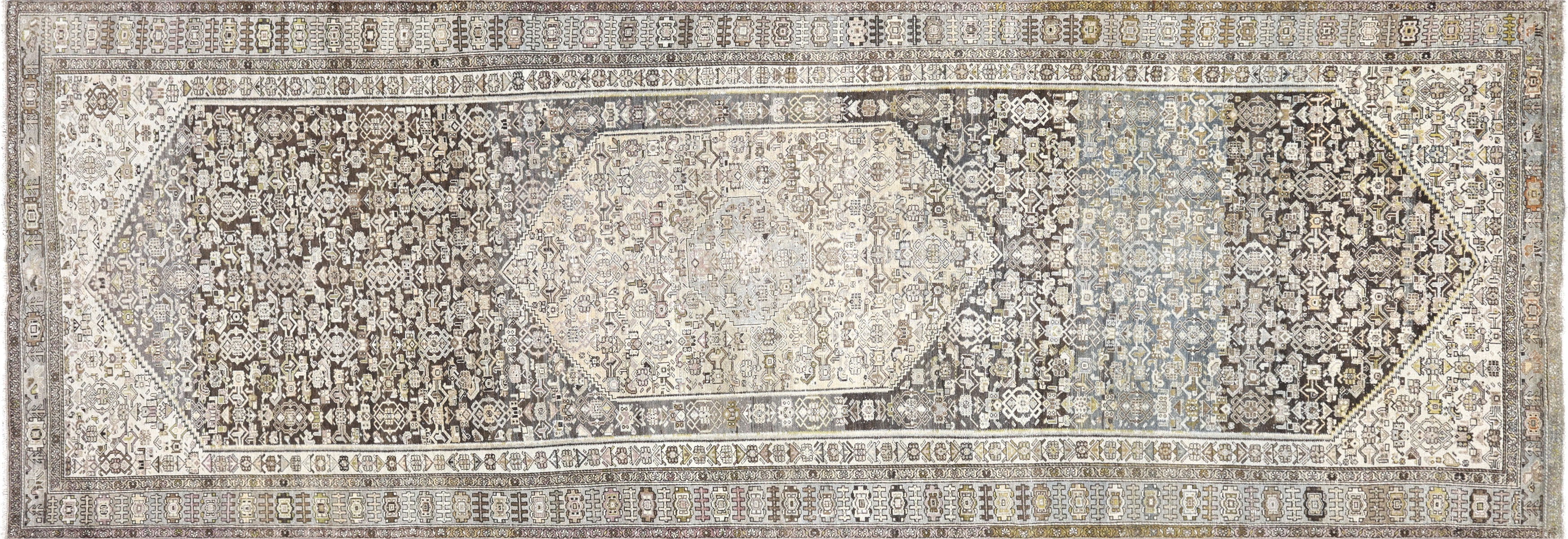 Semi Antique Persian Melayer Rug in Brown,Ecru tones and an Medallion,All Over pattern. Measuring 6 feet 10 inches x 19 feet 6 inches – SKU 170502