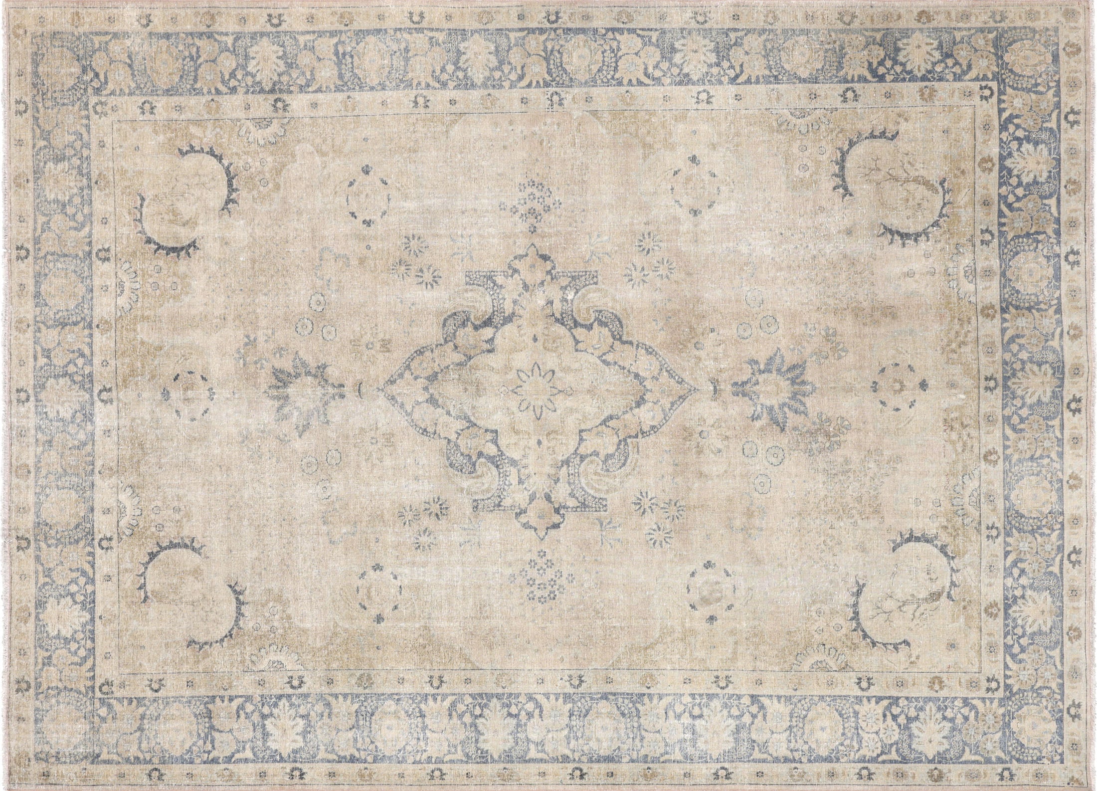 Semi Antique Persian Tabriz Rug in Blue,Ecru tones and an Geometrical,Medallion pattern. Measuring 8 feet 7 inches x 11 feet 8 inches – SKU 180314