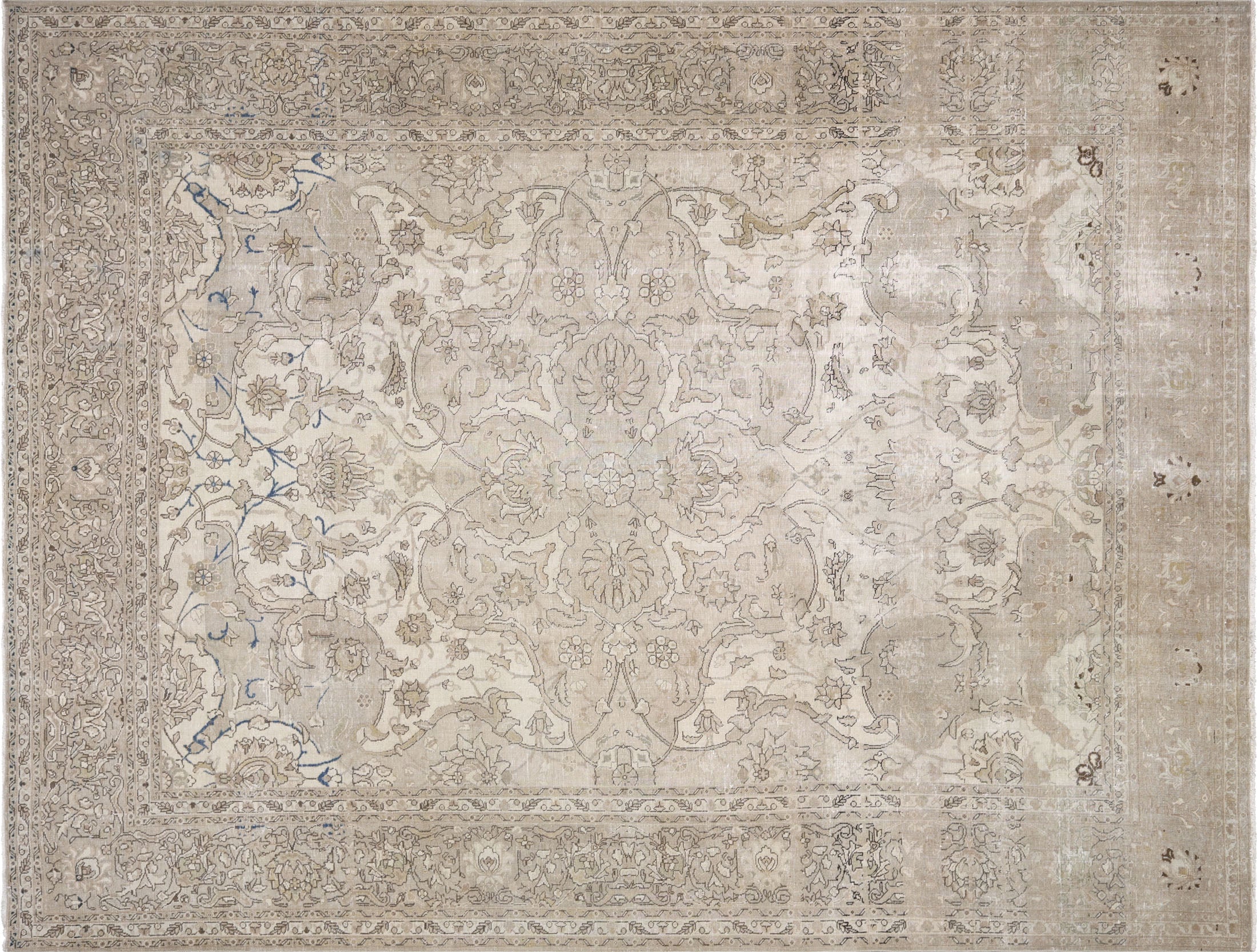 Semi Antique Persian Tabriz Rug in Ivory tones and an Medallion,All Over pattern. Measuring 10 feet 2 inches x 13 feet 4 inches – SKU 180374