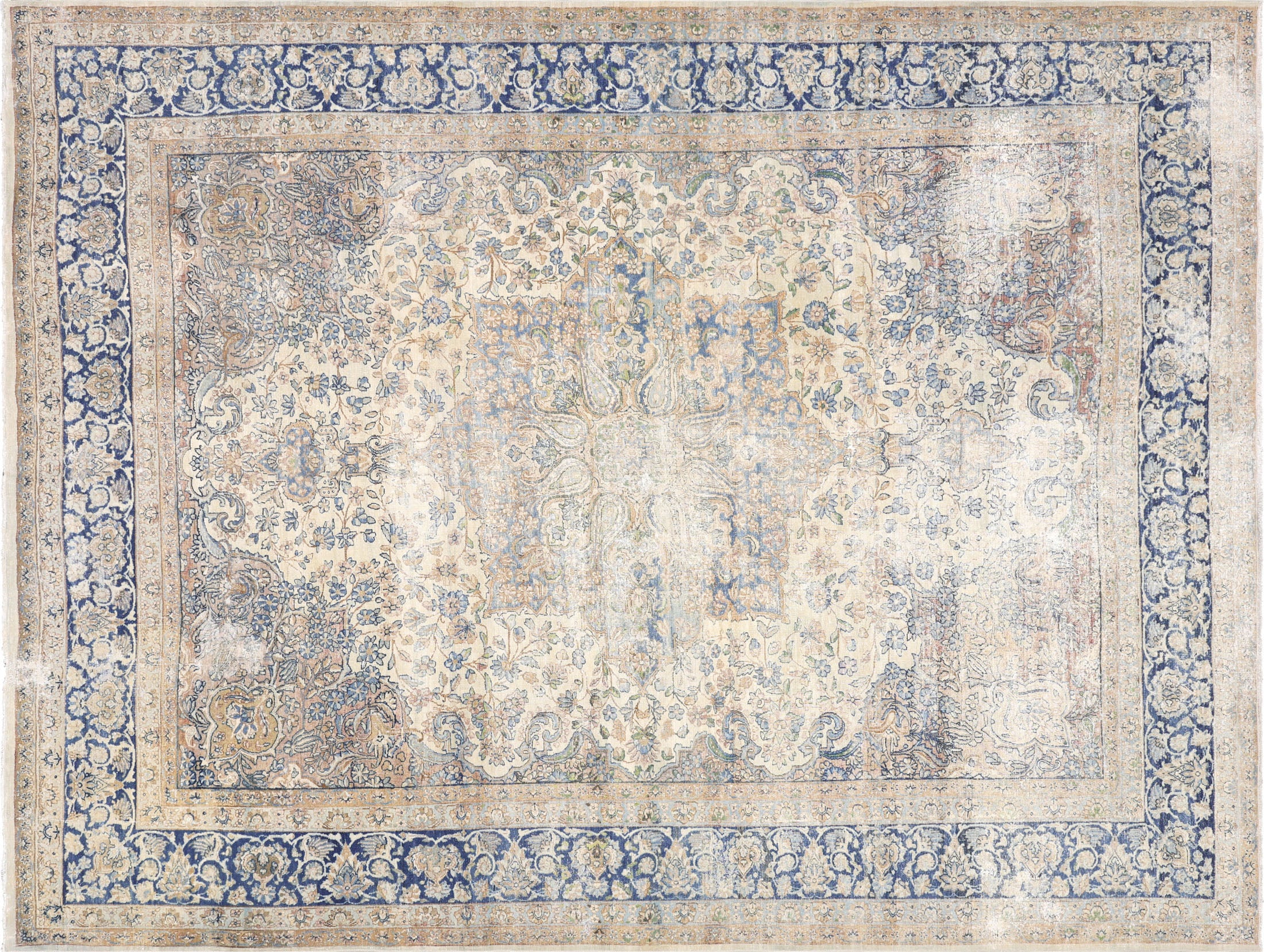 Semi Antique Persian Kerman Rug in Blue,Ivory tones and an Medallion,All Over pattern. Measuring 8 feet 7 inches x 11 feet 3 inches – SKU 190180
