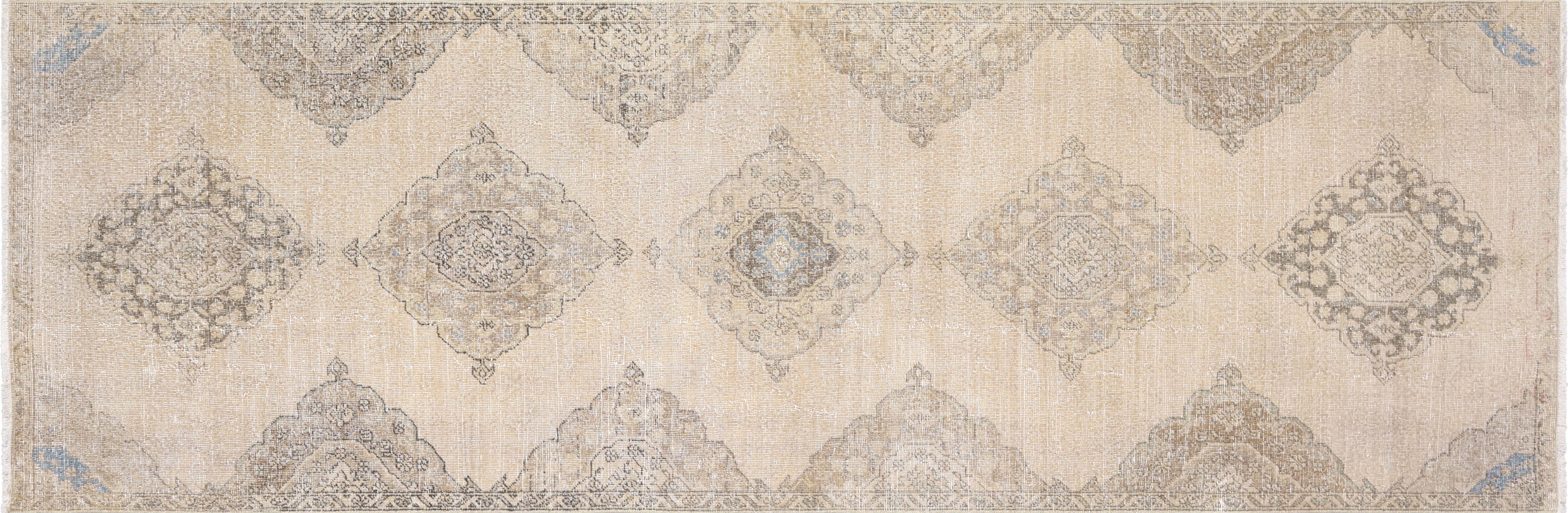 Vintage Turkish Oushak Rug in Brown,Ivory tones and an Medallion,All Over pattern. Measuring 4 feet 0 inches x 12 feet 1 inches – SKU 190217