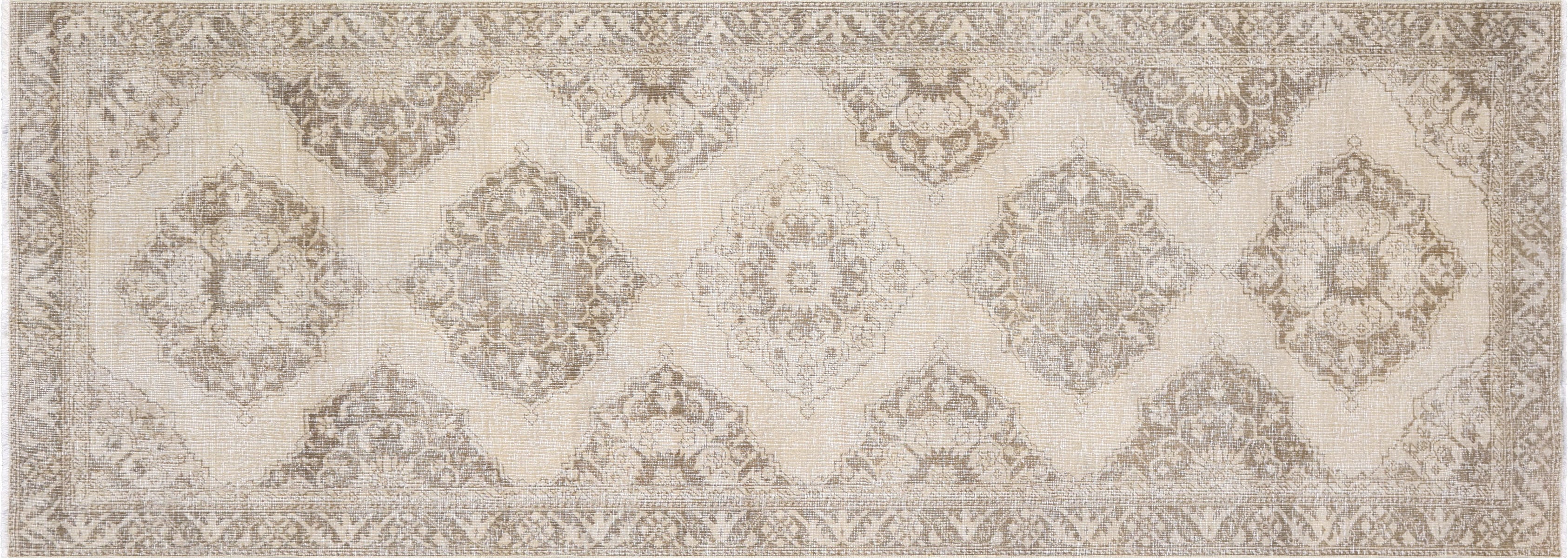 Vintage Turkish Oushak Rug in Brown,Ivory tones and an Medallion,All Over pattern. Measuring 4 feet 8 inches x 12 feet 8 inches – SKU 190248