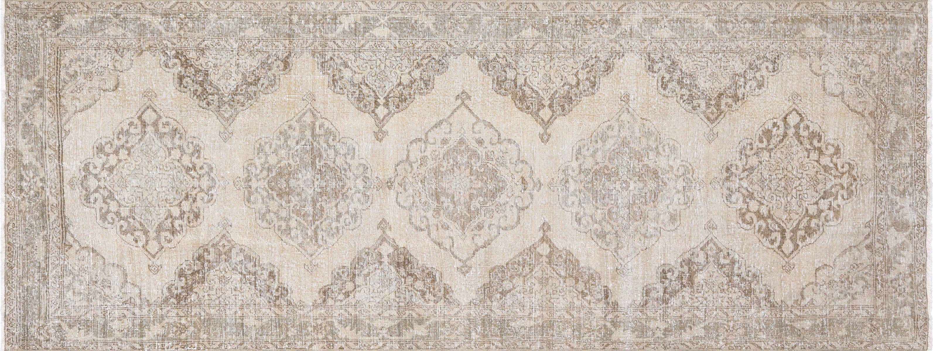 Vintage Turkish Oushak Rug in Brown,Ecru tones and an Medallion,All Over pattern. Measuring 4 feet 8 inches x 12 feet 3 inches – SKU 190252