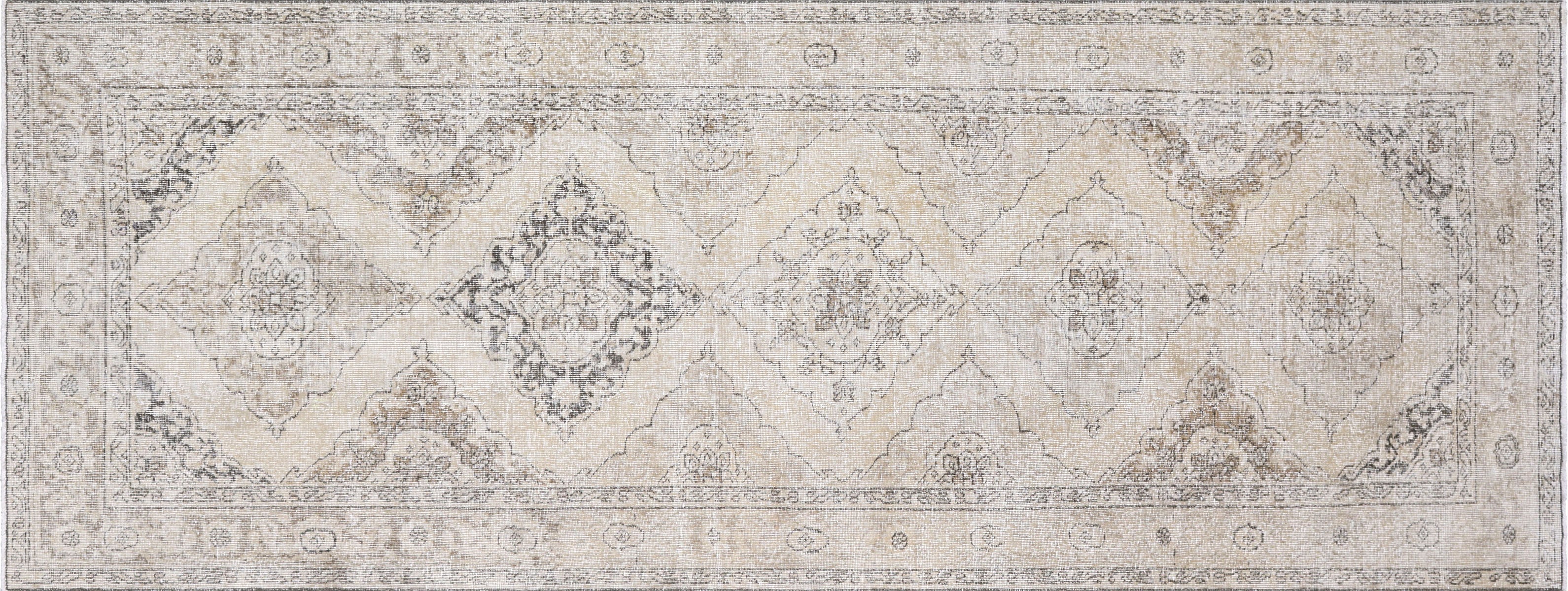 Vintage Turkish Oushak Rug in Brown,Ivory tones and an Medallion,All Over pattern. Measuring 4 feet 8 inches x 12 feet 2 inches – SKU 190268
