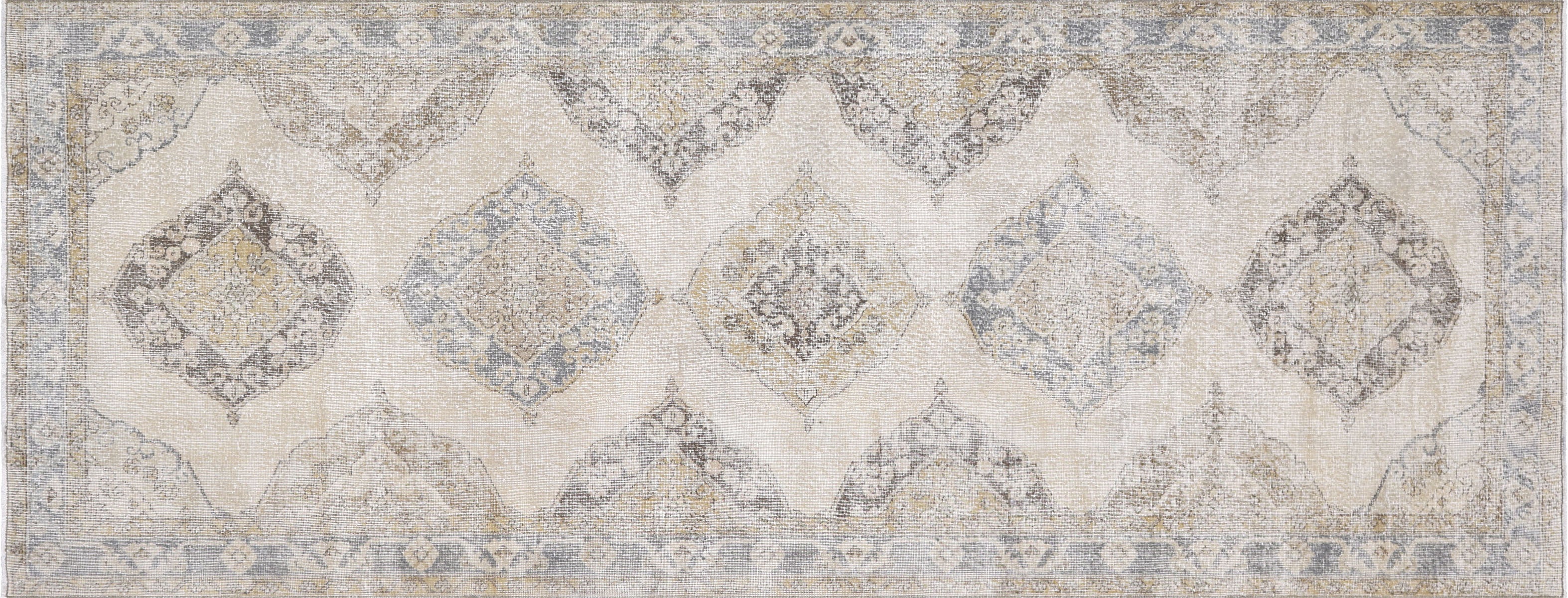 Vintage Turkish Oushak Rug in Brown,Ivory tones and an Medallion,All Over pattern. Measuring 4 feet 9 inches x 12 feet 7 inches – SKU 190292