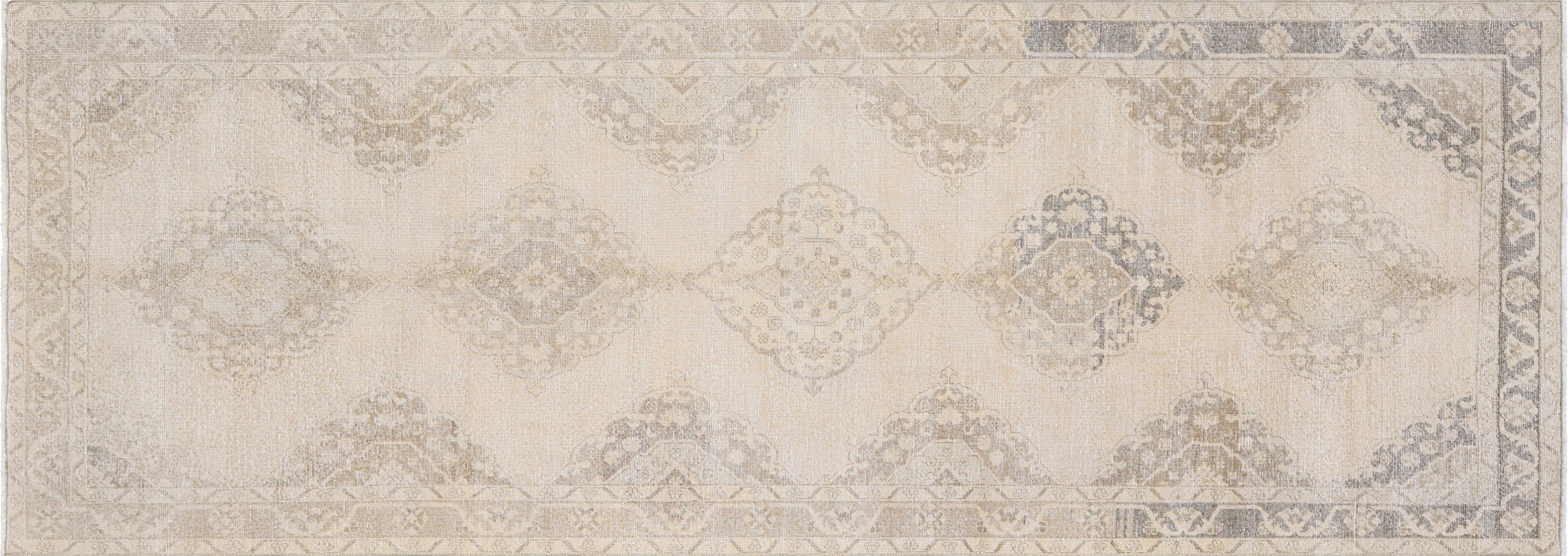 Vintage Turkish Oushak Rug in Brown,Ivory tones and an Medallion,All Over pattern. Measuring 4 feet 7 inches x 12 feet 9 inches – SKU 190312