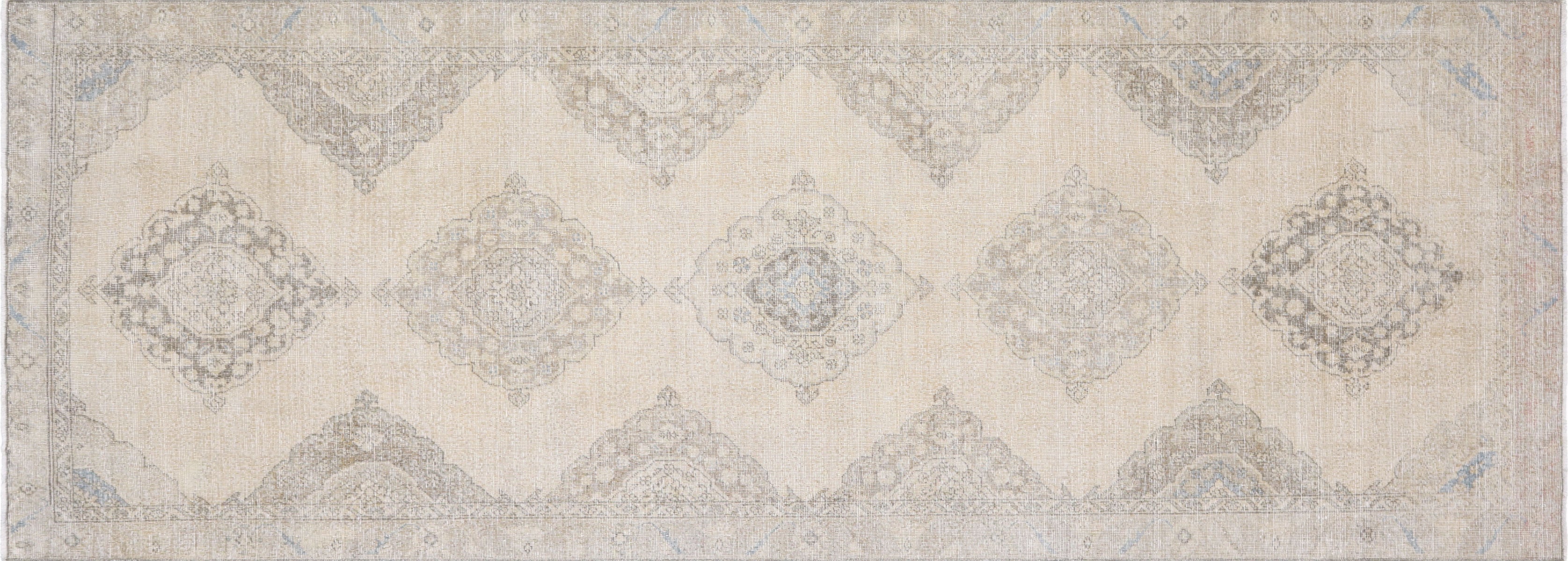 Vintage Turkish Oushak Rug in Brown,Ivory tones and an Medallion,All Over pattern. Measuring 4 feet 8 inches x 12 feet 11 inches – SKU 190326