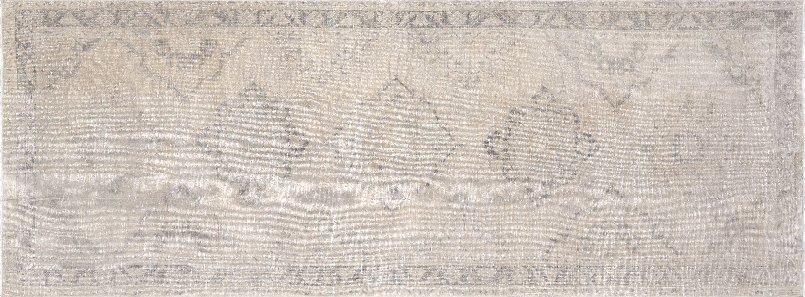 Vintage Turkish Oushak Rug in Ivory tones and an Medallion,All Over pattern. Measuring 4 feet 9 inches x 12 feet 10 inches – SKU 210100