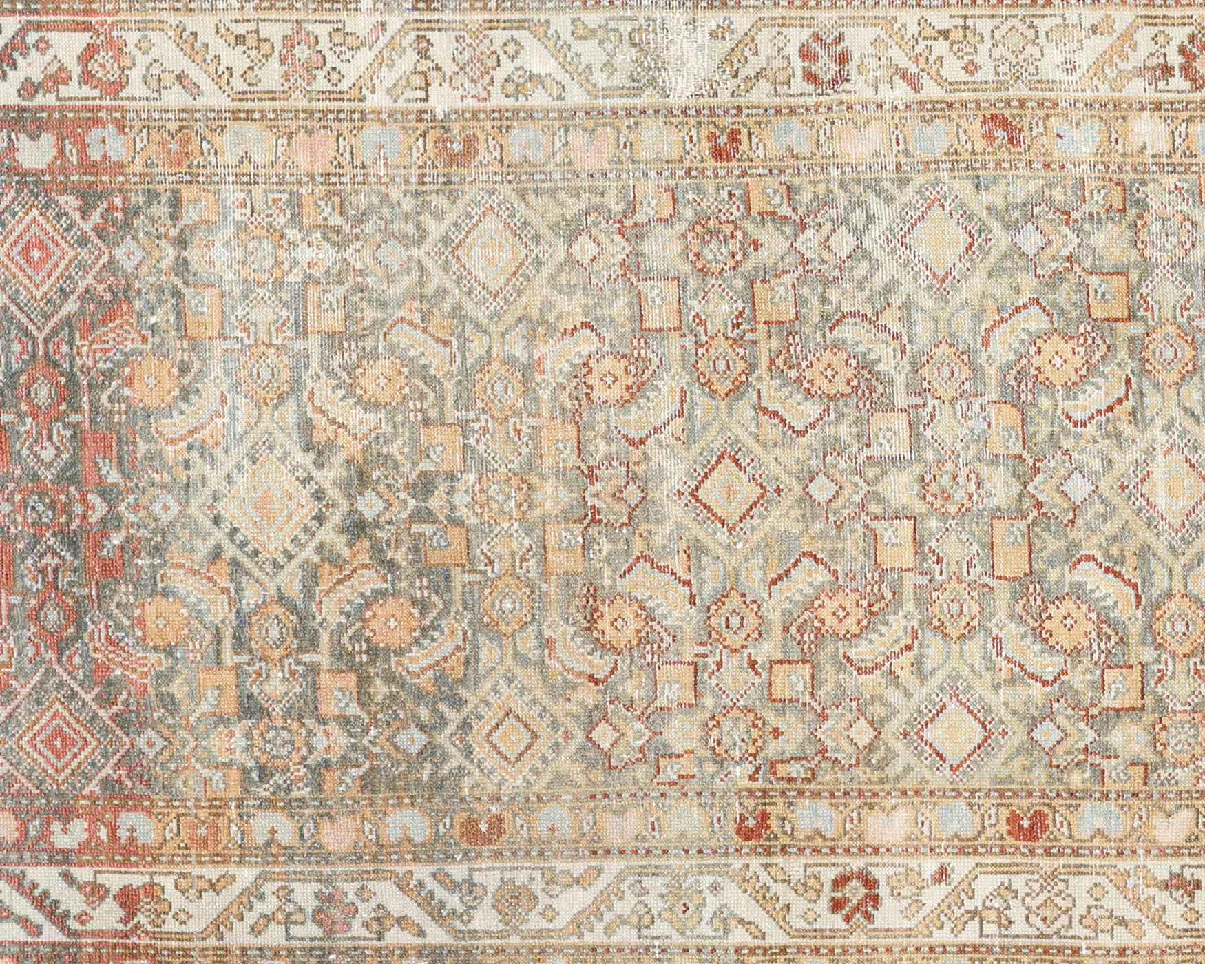 Semi Antique Persian Melayer Rug in Camel,Ecru,Red tones and an All Over,Herati pattern. Measuring 3 feet 6 inches x 16 feet 3 inches – SKU 210448