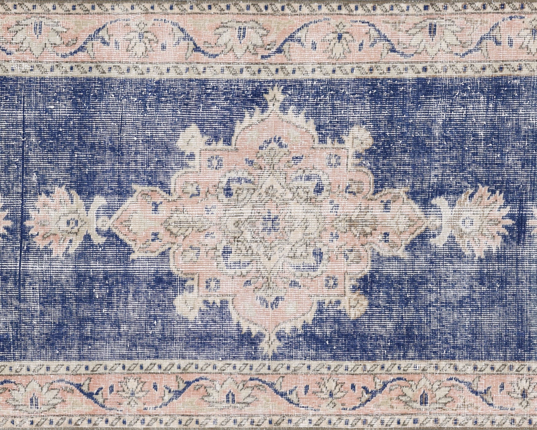 Vintage Turkish Oushak Rug in Blue,Pink tones and an Geometrical,Medallion pattern. Measuring 3 feet 0 inches x 12 feet 8 inches – SKU 230060