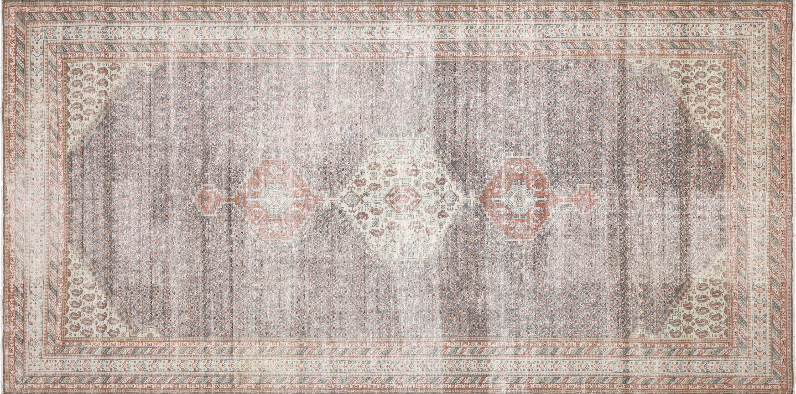 Semi Antique Persian Mahal Rug in Blue,Green tones and an Medallion,Boteh pattern. Measuring 9 feet 2 inches x 18 feet 5 inches – SKU 230294