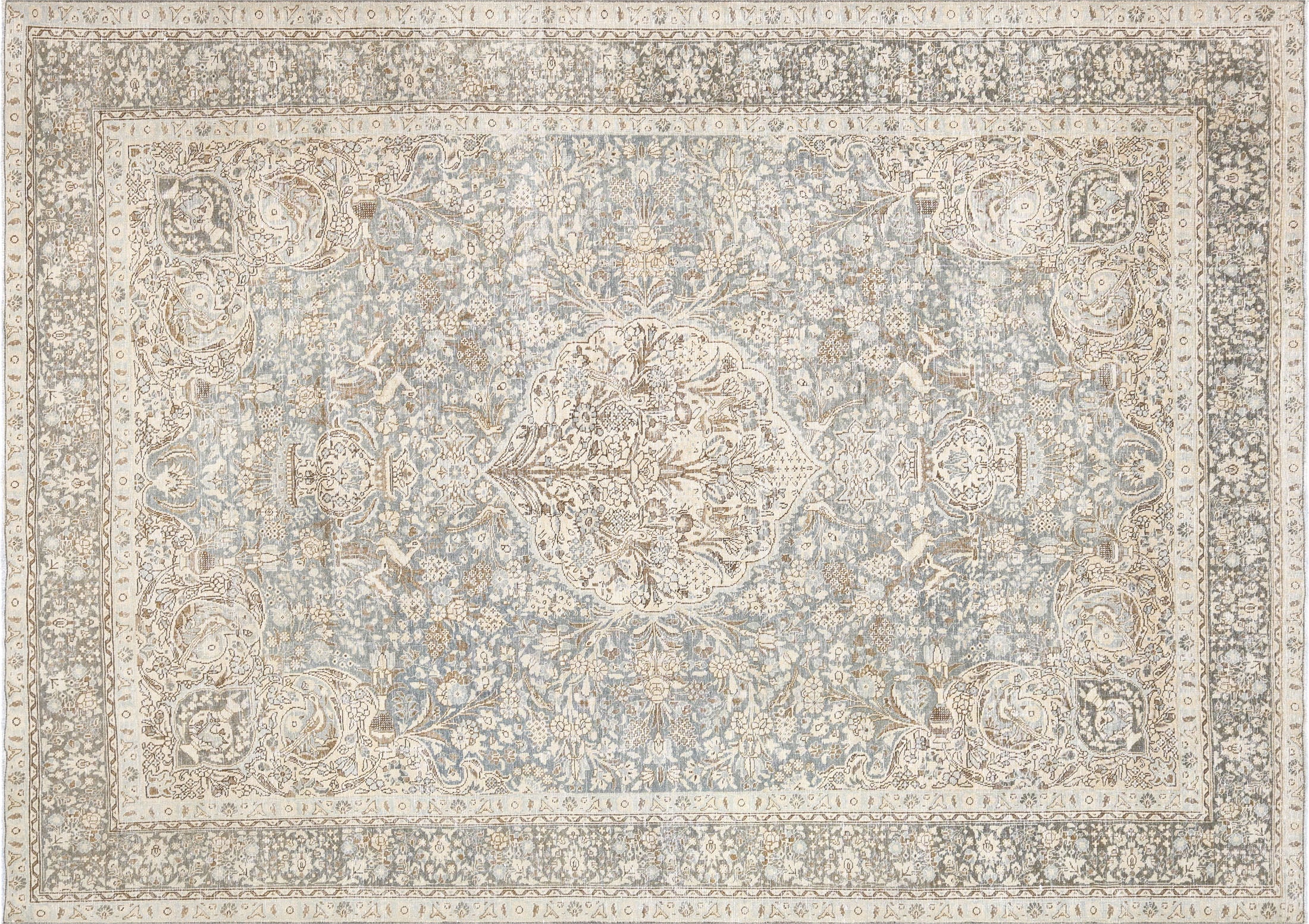 Semi Antique Persian Tabriz Rug in Beige,Blue tones and an Medallion,All Over pattern. Measuring 8 feet 0 inches x 11 feet 4 inches – SKU 230387