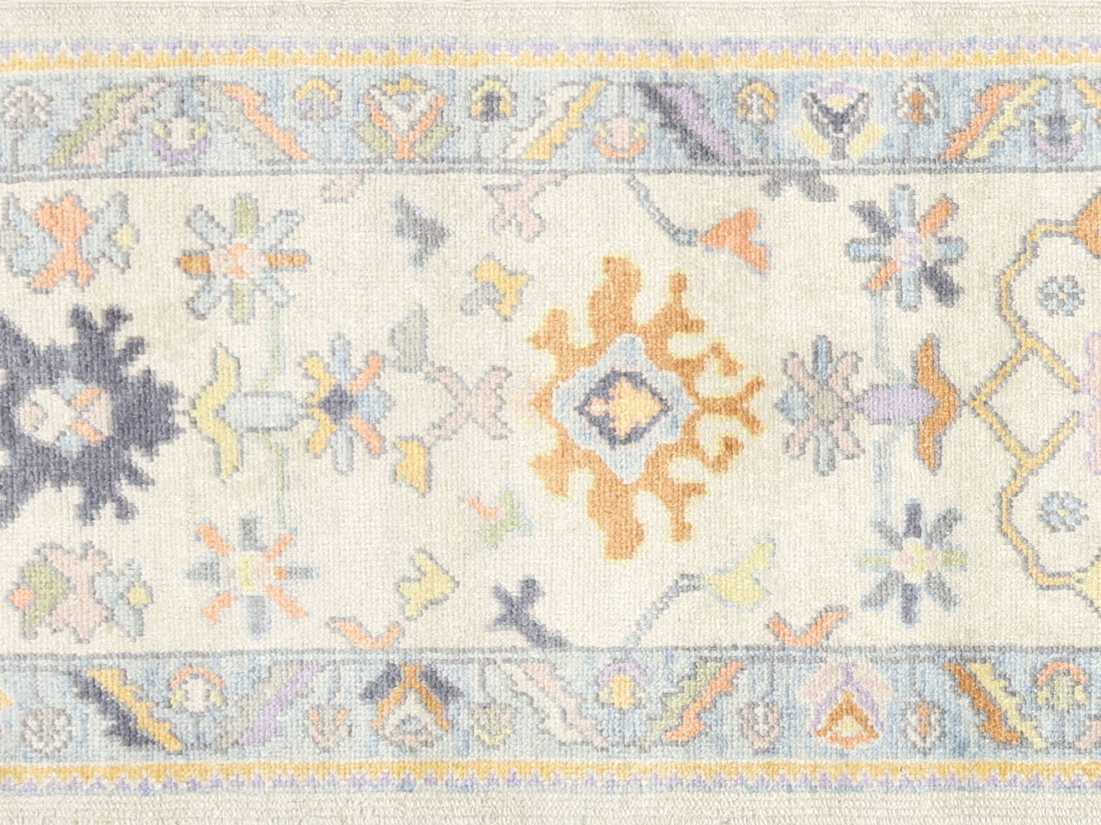 Vintage Turkish Oushak Rug in Blue,Ivory tones and an All Over,Geometrical pattern. Measuring 2 feet 9 inches x 10 feet 3 inches – SKU 240015