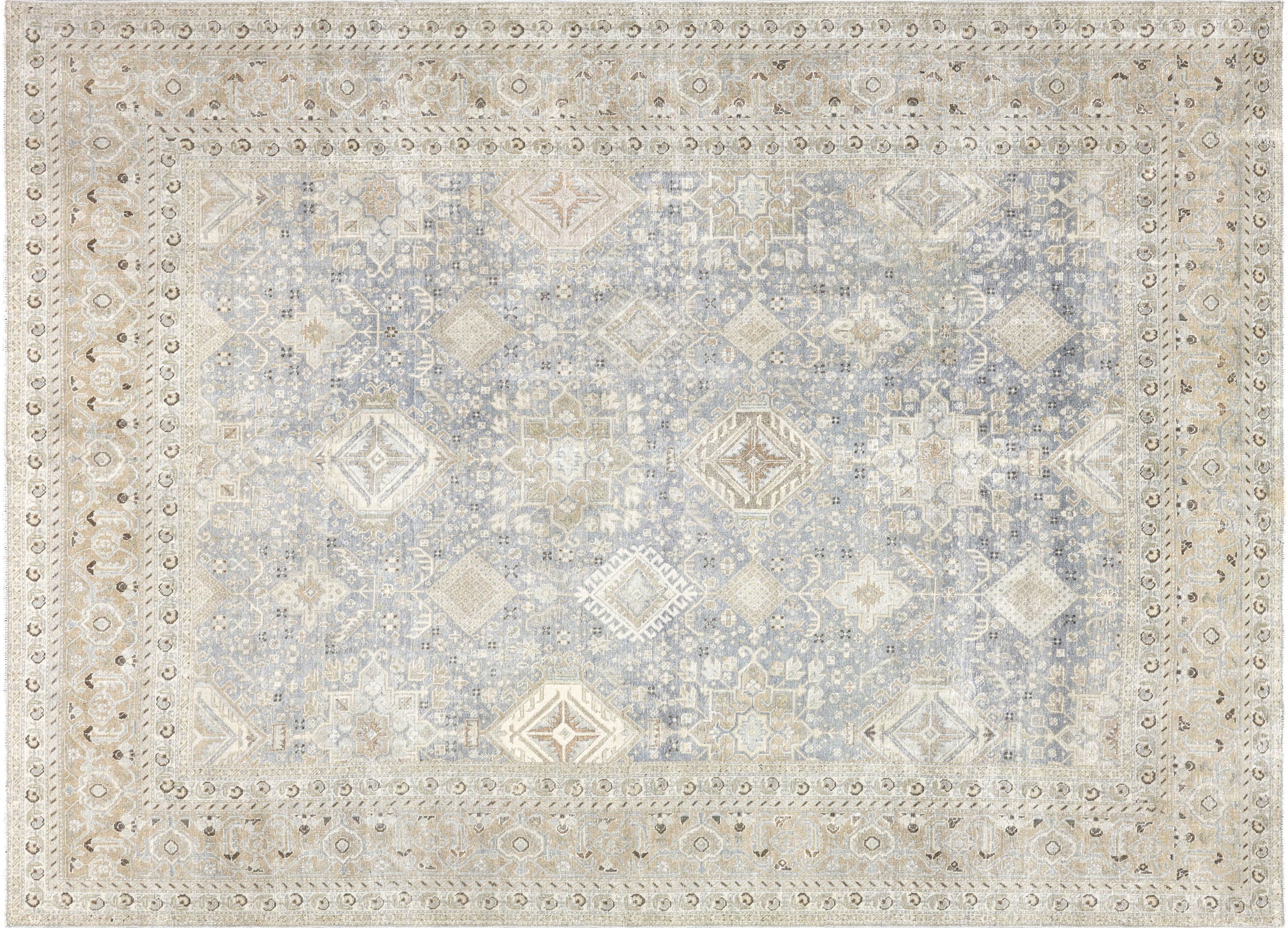Semi Antique Persian Tabriz Rug in Blue,Beige tones and an All Over,Geometrical pattern. Measuring 7 feet 2 inches x 9 feet 10 inches – SKU 240156