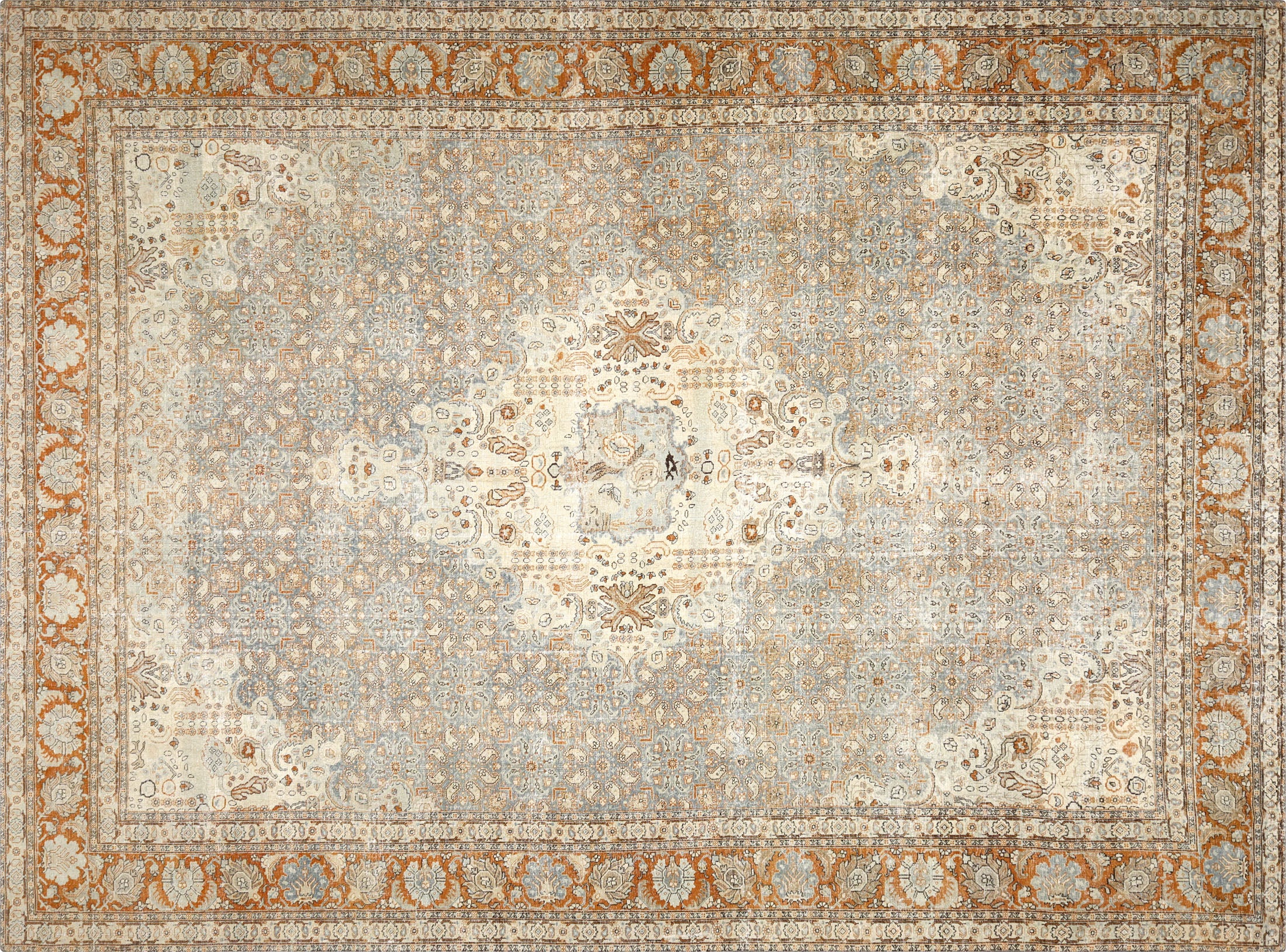 Antique Persian Tabriz Rug in Blue,Rust tones and an Medallion,All Over pattern. Measuring 11 feet 5 inches x 15 feet 7 inches – SKU 240163
