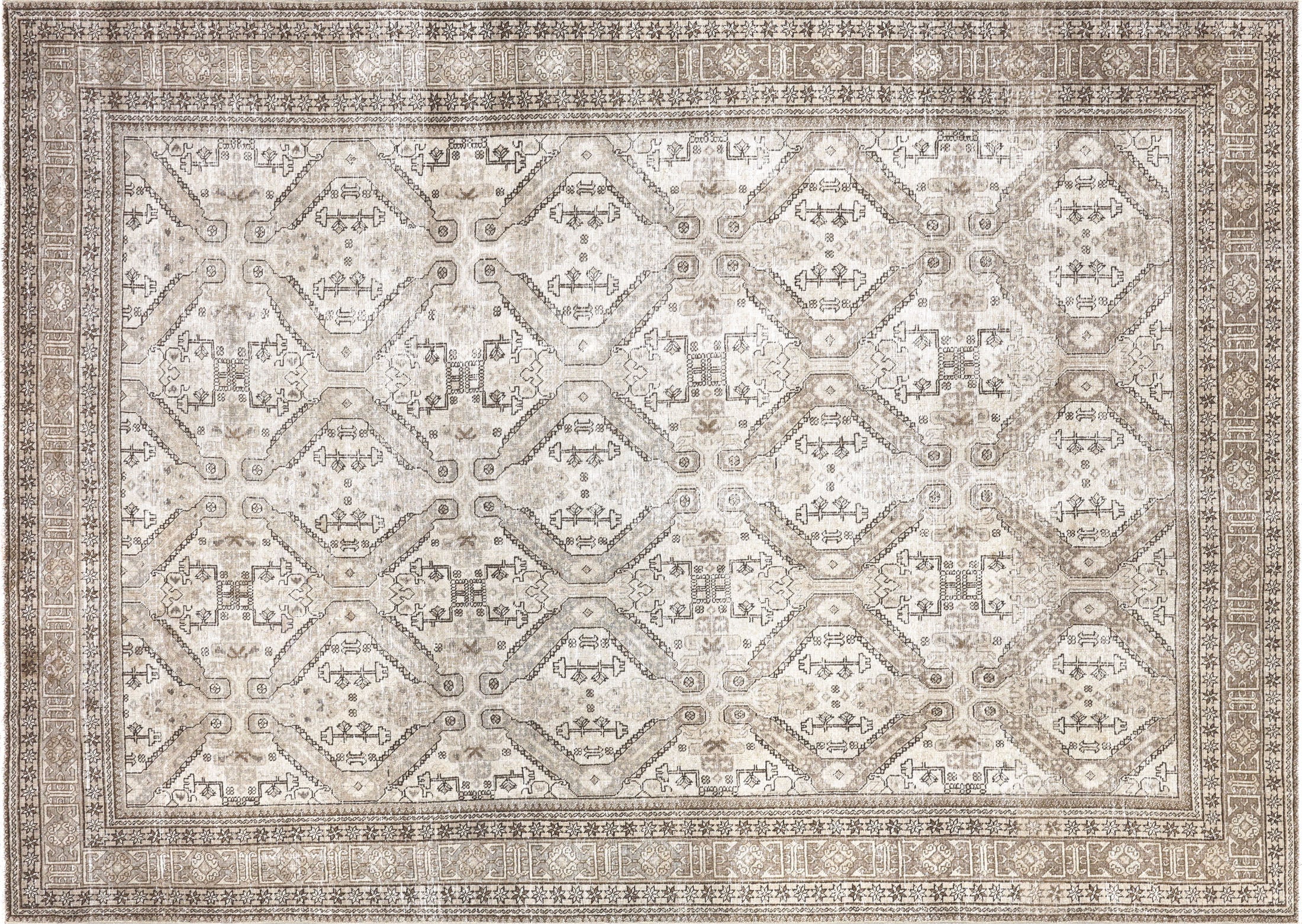 Semi Antique Persian Tabriz Rug in Ivory,Taupe tones and an Geometrical,All Over pattern. Measuring 7 feet 5 inches x 10 feet 6 inches – SKU 240183