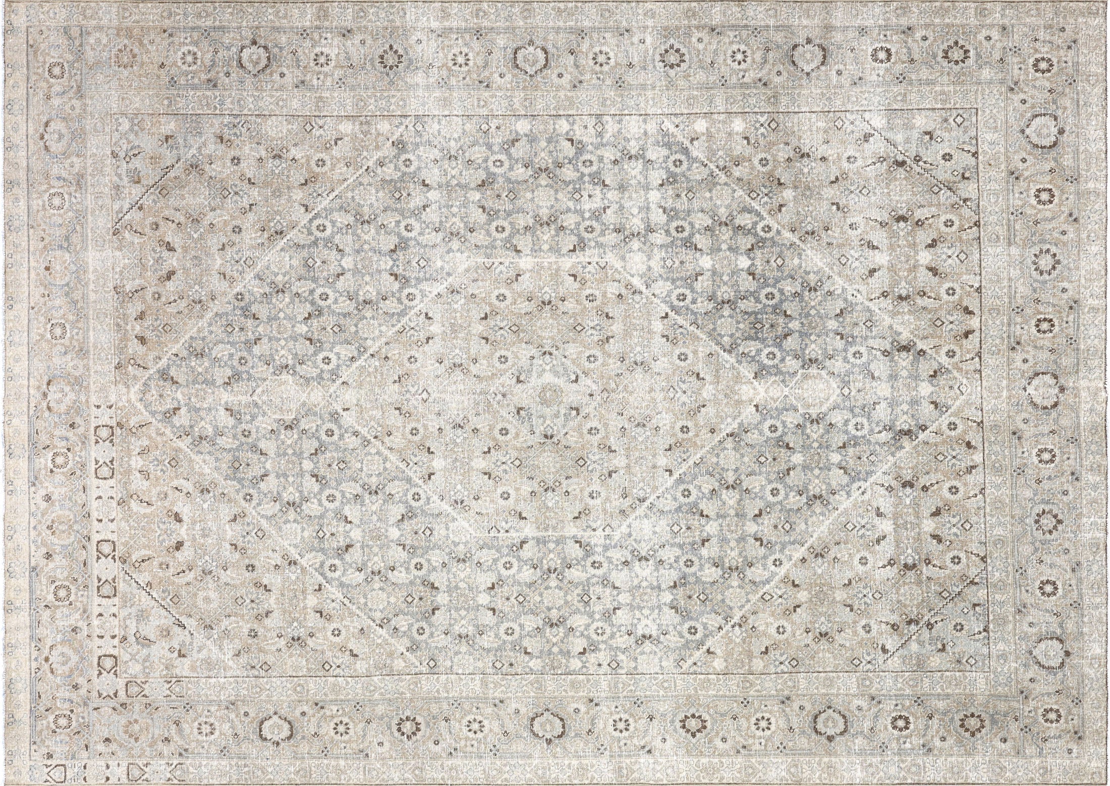 Semi Antique Persian Tabriz Rug in Taupe,Blue tones and an Herati,Medallion pattern. Measuring 8 feet 2 inches x 11 feet 5 inches – SKU 240185