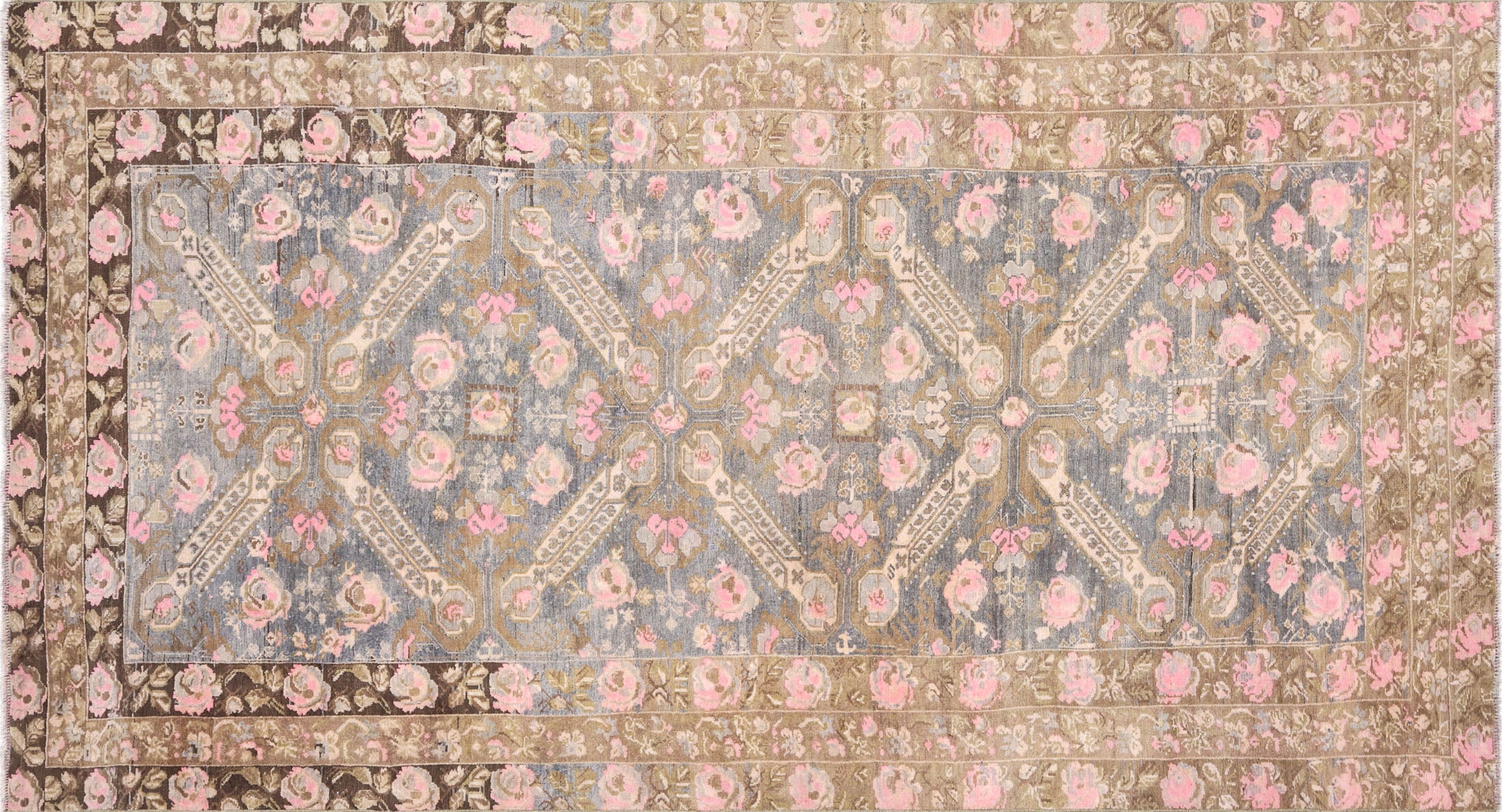 Semi Antique Caucasian Karabagh Rug in Grey,Pink tones and an All Over,Geometrical pattern. Measuring 5 feet 10 inches x 10 feet 7 inches – SKU 240201