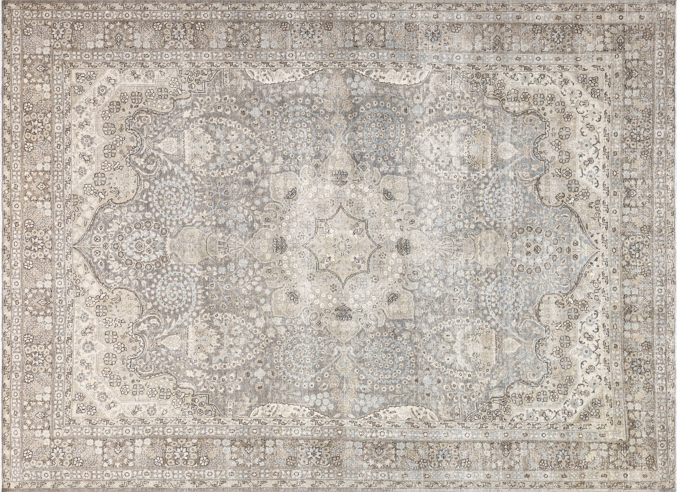 Semi Antique Persian Tabriz Rug in Taupe tones and an Medallion,All Over pattern. Measuring 9 feet 1 inches x 12 feet 5 inches – SKU 240208