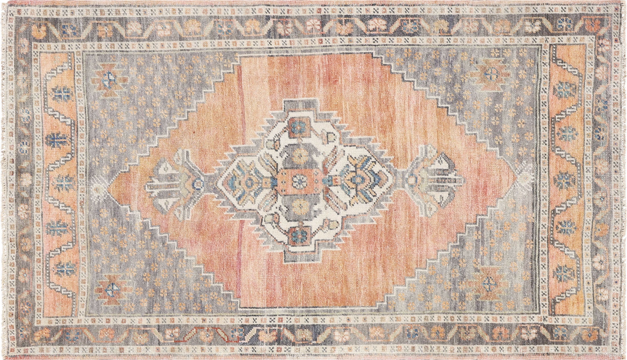 Vintage Turkish Oushak Rug in Copper tones and an Geometrical pattern. Measuring 2 feet 8 inches x 4 feet 7 inches – SKU 240284