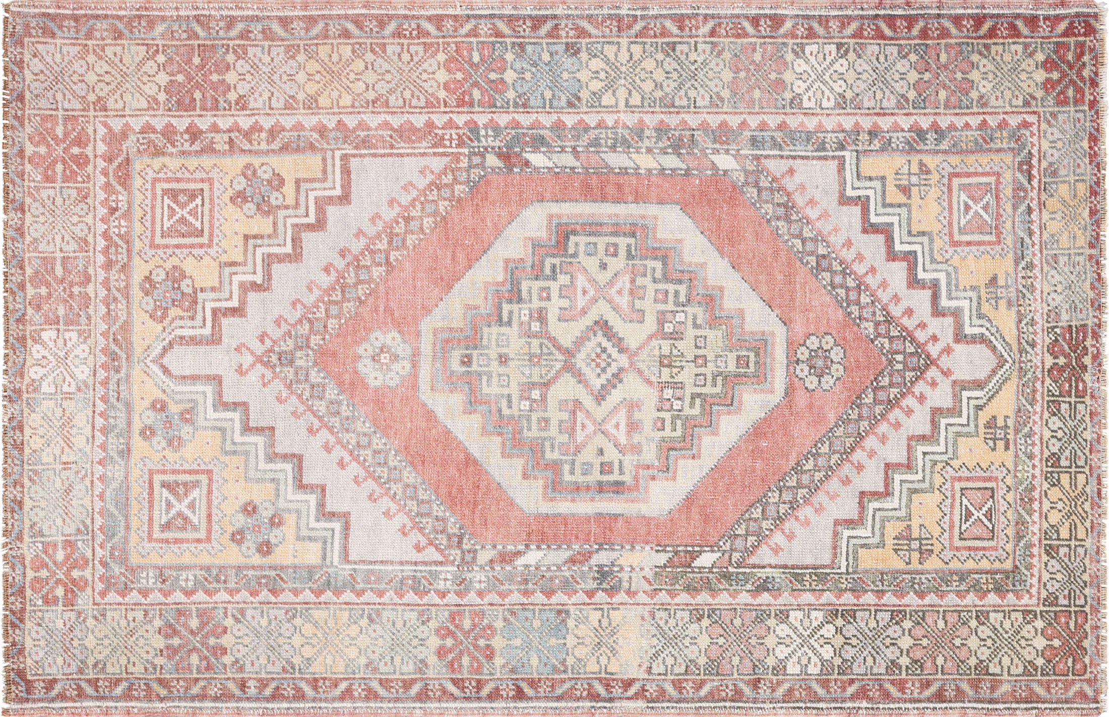 Vintage Turkish Oushak Rug in Red,Taupe tones and an Geometrical pattern. Measuring 3 feet 9 inches x 5 feet 9 inches – SKU 240286