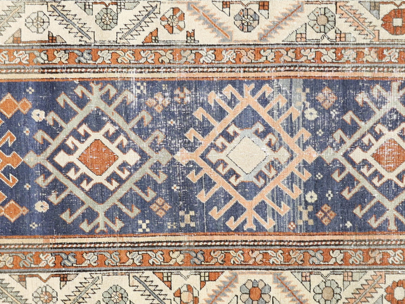 Antique Persian Heriz Rug in Blue,Ivory tones and an Geometrical,All Over pattern. Measuring 3 feet 4 inches x 13 feet 3 inches – SKU 240288