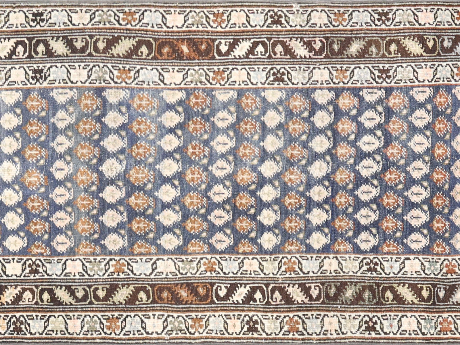 Antique Persian Melayer Rug in Blue,Brown tones and an Boteh,All Over pattern. Measuring 3 feet 6 inches x 15 feet 7 inches – SKU 240298