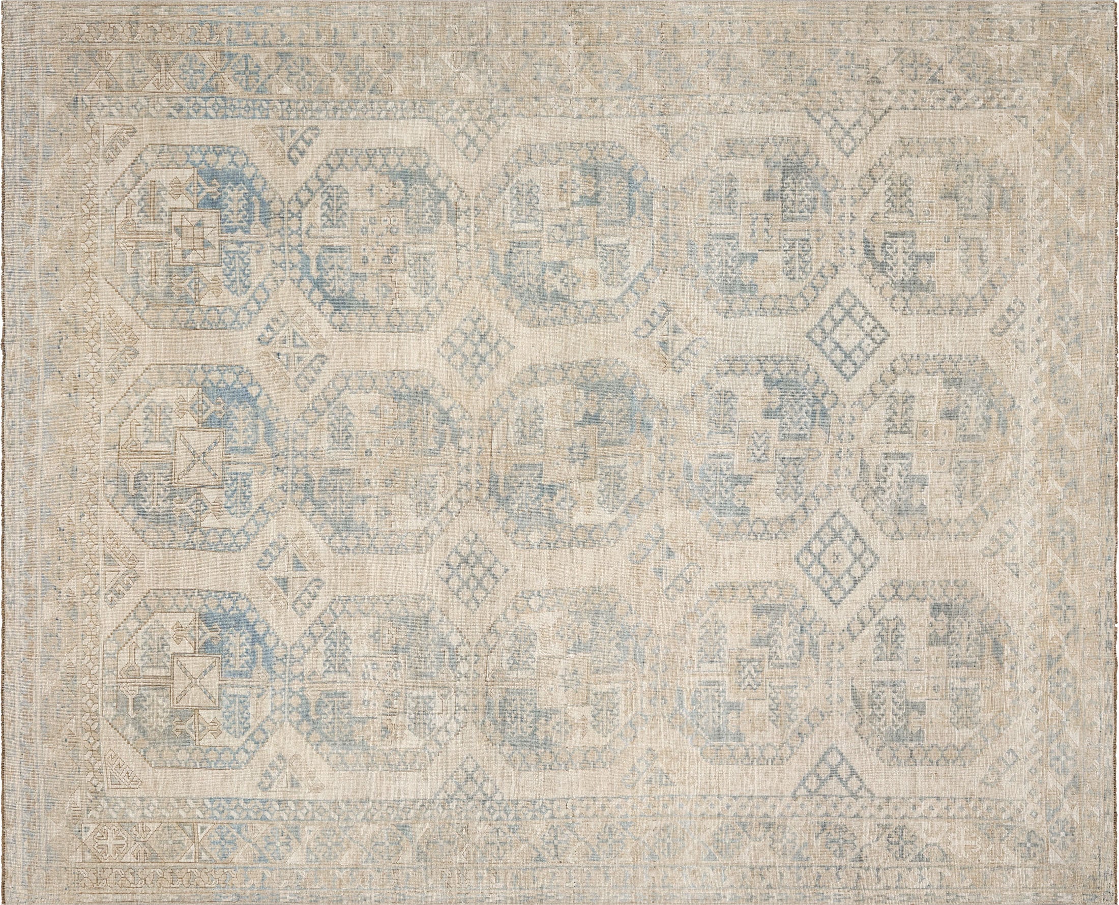 Vintage Afghanistan Beshir Rug in Beige,Blue tones and an All Over,Geometrical pattern. Measuring 7 feet 8 inches x 9 feet 6 inches – SKU 240498
