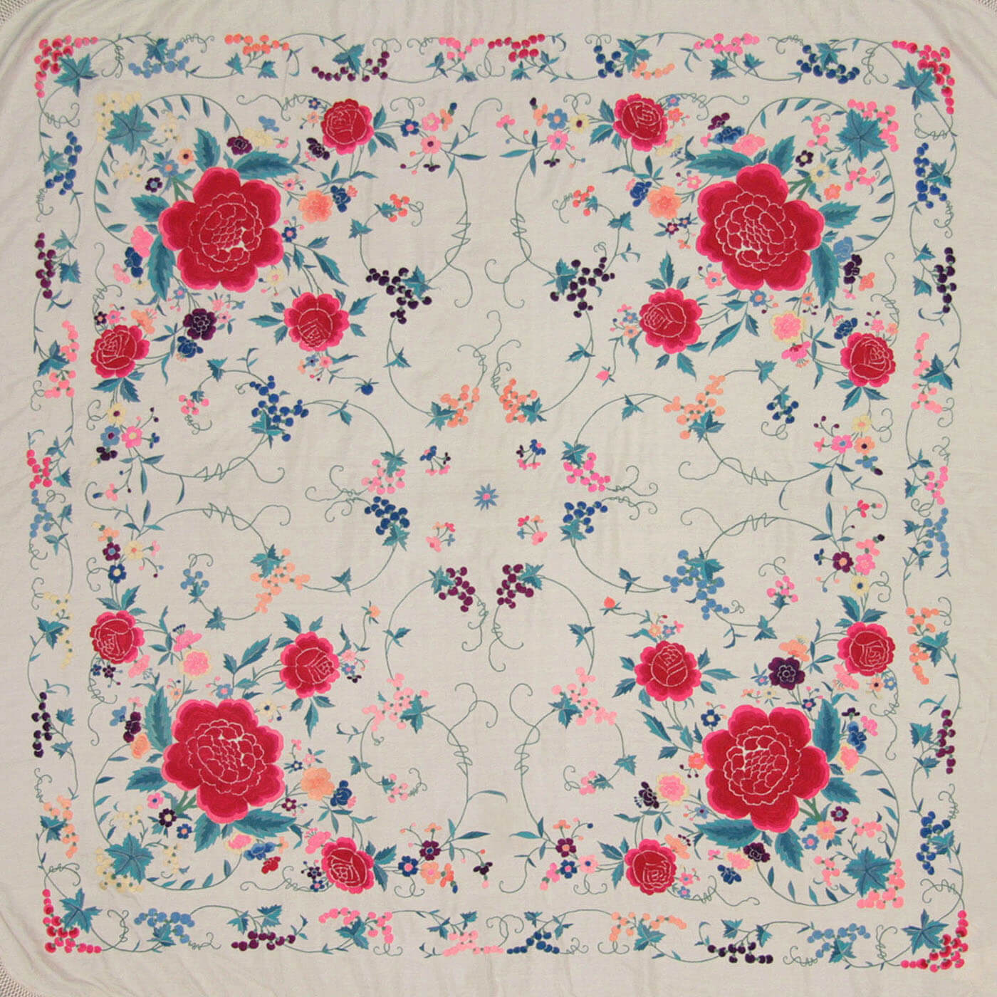 Vintage Cantonese Silk Shawl - 4'2" x 4'2"